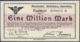 Deutsches Notgeld und KGL
Grünberg (Schlesien)
Kleinbahn Grünberg-Sprottau, 1 Mio. Mark 25.8.1923. Muster ohne Stempel, Wz. verschlungene Quadrate. ...