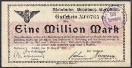 Deutsches Notgeld und KGL
Grünberg (Schlesien)
Kleinbahn Grünberg-Sprottau, 1 Mio. Mark 25.8.1923. Wz. verschlungene Quadrate. Dieser Schein ist im ...