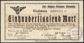Deutsches Notgeld und KGL
Guhrau (Schlesien)
Lissa-Guhrau-Steinauer-Kleinbahn, 100 Tsd. Mark 25.8.1923. Wz. verschlungene Quadrate. III