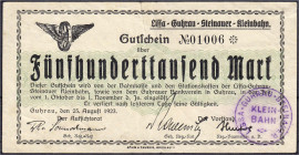 Deutsches Notgeld und KGL
Guhrau (Schlesien)
Lissa-Guhrau-Steinauer-Kleinbahn, 500 Tsd. Mark 25.8.1923. Wz. verschlungene Quadrate. III