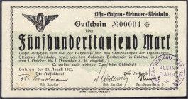 Deutsches Notgeld und KGL
Guhrau (Schlesien)
Lissa-Guhrau-Steinauer-Kleinbahn, 500 Tsd. Mark 25.8.1923. Wz. verschlungene Quadrate. KN. 00004. III, ...