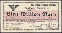 Deutsches Notgeld und KGL
Guhrau (Schlesien)
Lissa-Guhrau-Steinauer-Kleinbahn, 1 Mio. Mark 25.8.1923. Wz. verschlungene Quadrate. III