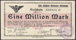 Deutsches Notgeld und KGL
Guhrau (Schlesien)
Lissa-Guhrau-Steinauer-Kleinbahn, 1 Mio. Mark 25.8.1923. Wz. verschlungene Quadrate. III