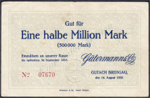 Deutsches Notgeld und KGL
Gutach i. Breisgau (Baden)
Gütermann & Co. Eine halbe Million (500 Tsd.) Mark 30.9.1923. III, selten. Keller 2023.