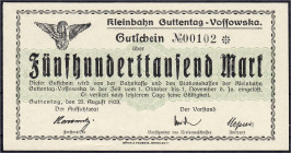 Deutsches Notgeld und KGL
Guttentag (Schlesien)
Kleinbahn Guttentag-Vossowska, 500 Tsd. Mark 25.8.1923. Muster ohne Stempel, Wz. verschlungene Quadr...