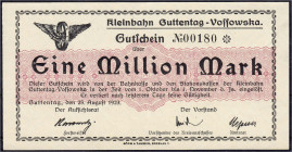 Deutsches Notgeld und KGL
Guttentag (Schlesien)
Kleinbahn Guttentag-Vossowska, 1 Mio. Mark 25.8.1923. Muster ohne Stempel, Wz. verschlungene Quadrat...