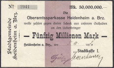 Deutsches Notgeld und KGL
Heidenheim (Württemberg)
Stadt, 50 Mio. Mark auf Scheck der Oberamtssparkasse, handschr. 5.10.1923. Mit gestempelter und h...