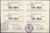Deutsches Notgeld und KGL
Hirsingen (Elsass)
Gemeinde: 4 Scheine zu 1, 2, 5 und 10 Mark September 1914. Geringe Auflagen (10 Mark nur 100 Ex.). 2 Ma...