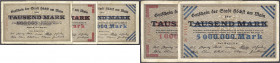 Deutsches Notgeld und KGL
Höchst am Main (Hessen-Nassau)
5 Scheine der Stadt 3.8. u. 11.8.1923. 500 Tsd. Mark schwarzer Überdruck auf 1 Tsd. Mark Sc...