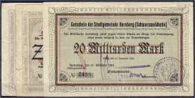 Deutsches Notgeld und KGL
Hornberg (Baden)
Stadt (Schwarzwaldbahn), 3 Scheine zu 2 X 10 u. 20 Mrd. Mark 11.10.1923. Rs. Stadtansicht. III- Keller 24...
