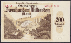 Deutsches Notgeld und KGL
Karlsruhe (Baden)
Reichsbahndirektion, 200 Mrd. Mark 15.10.1923. Wz. Bandwerk, 1 Zeile „Deutsche Reichsbahn“. I-, selten...