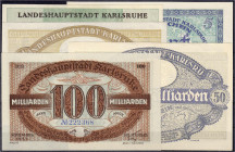 Deutsches Notgeld und KGL
Karlsruhe (Baden)
5 versch. Scheine der Stadt zu 100, 5 Mio., 5, 50 und 100 Mrd. Mark bis 1.11.1923. I-II