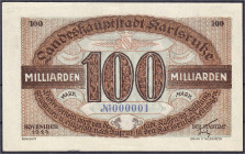 Deutsches Notgeld und KGL
Karlsruhe (Baden)
Stadt, 100 Mrd. Mark November 1923. KN. NO. 000001 II. Keller 2582i.