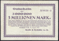 Deutsches Notgeld und KGL
Kirchheim-Teck (Württemberg)
Kolb & Schüle A.G., 3 Mio. Mark 28.8.1923. Gültig bis 31.12.1923. Wz. Bandwerk, niedrige KN. ...