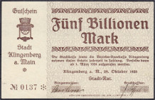 Deutsches Notgeld und KGL
Klingenberg (Bayern)
Stadt, 5 Billionen Mark 29.10.1923. I-, selten. Keller 2677g II..