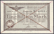 Deutsches Notgeld und KGL
Köln (Rheinland)
Reichsbahndirektion, 1 Bio. Mark 18.11.1923. Wz. C-Kreuz-Muster, Reihe A. II, entwertet, selten