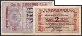 Deutsches Notgeld und KGL
Köln-Deutz (Rheinland)
Van der Zypen & Charlier G.m.b.H., 2 Scheine zu 2 Mio. Mark Überdruck auf 5 Mark 1919 u. 5 Mio. Mar...