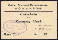 Deutsches Notgeld und KGL
Krüt (Elsass)
Spar- und Darlehnskasse e.G.m.u.H., 20 Mark auf Karton o.D. (1914). Mit Firmenstempel und eigenh. Unterschri...