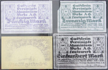 Deutsches Notgeld und KGL
Lautawerke (Sachsen)
3 Scheine Aluminiumgeld: 20, 50 und 100 Mark 10.10.1922, dazu Kartonpapier mit Abklatsch. 20 Mark Feh...