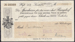 Deutsches Notgeld und KGL
Lehrte (Hannover)
Eisenbahn Stationskasse, 2 Tsd. Mark o.D. (nicht ausgefüllt). Wz. S-S-Muster. III