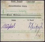 Deutsches Notgeld und KGL
Leipzig (Sachsen)
Oberpostdirektion, 1 Mio. Mark 14.8.1923. Ohne Wz. II-III, kl. Nadelstich, sehr selten
