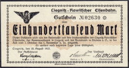 Deutsches Notgeld und KGL
Liegnitz (Schlesien)
Rawitscher Eisenbahn, 100 Tsd. Mark 25.8.1923. Muster ohne Stempel, Wz. verschlungene Quadrate. II+, ...