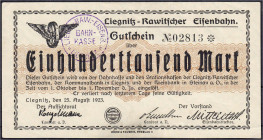 Deutsches Notgeld und KGL
Liegnitz (Schlesien)
Rawitscher Eisenbahn, 100 Tsd. Mark 25.8.1923. Stempel A, Wz. verschlungene Quadrate. II-