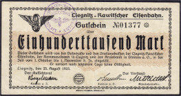 Deutsches Notgeld und KGL
Liegnitz (Schlesien)
Rawitscher Eisenbahn, 100 Tsd. Mark 25.8.1923. Stempel B, Wz. verschlungene Quadrate. III