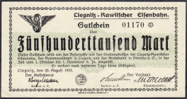 Deutsches Notgeld und KGL
Liegnitz (Schlesien)
Rawitscher Eisenbahn, 500 Tsd. Mark 25.8.1923. Muster ohne Stempel, Wz. verschlungene Quadrate. I-, s...