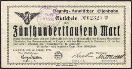 Deutsches Notgeld und KGL
Liegnitz (Schlesien)
Rawitscher Eisenbahn, 500 Tsd. Mark 25.8.1923. Stempel A, Wz. verschlungene Quadrate. III