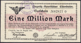 Deutsches Notgeld und KGL
Liegnitz (Schlesien)
Rawitscher Eisenbahn, 1 Mio. Mark 25.8.1923. Stempel A, Wz. verschlungene Quadrate. III