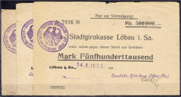 Deutsches Notgeld und KGL
Löbau (Sachsen)
Eisenbahn-Güterkasse, 3 Scheine zu 2 X 200 Tsd. u. 500 Tsd. Mark 14.8.1923. IV-