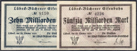 Deutsches Notgeld und KGL
Lübeck (Schleswig-Holstein)
Büchener Eisenbahngesellschaft, 10 u. 50 Mrd. Mark 23.10.1923. Wz. GS-Muster. III+