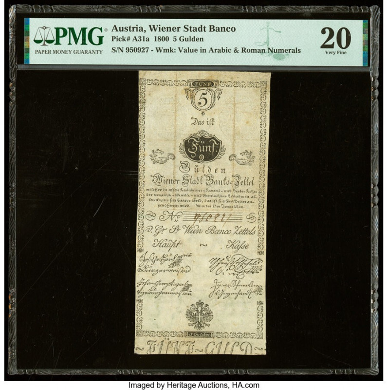 Austria Wiener Stadt Banco 5 Gulden 1.1.1800 Pick A31a PMG Very Fine 20. Stains ...