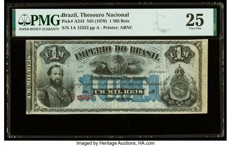 Brazil Thesouro Nacional 1 Mil Reis ND (1870) Pick A244 PMG Very Fine 25. Previo...