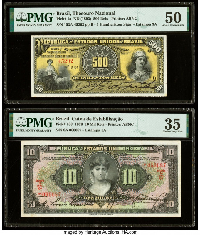 Brazil Thesouro Nacional; Caixa de Estabilisacao 500 Reis; 10 Mil Reis ND (1893)...