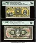 Brazil Thesouro Nacional; Caixa de Estabilisacao 500 Reis; 10 Mil Reis ND (1893); 18.12.1926 Pick 1a; 103 Two Examples PMG About Uncirculated 50; Choi...