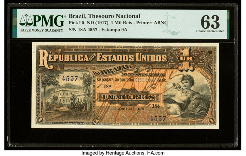 Brazil Thesouro Nacional 1 Mil Reis ND (1917) Pick 5 PMG Choice Uncirculated 63....
