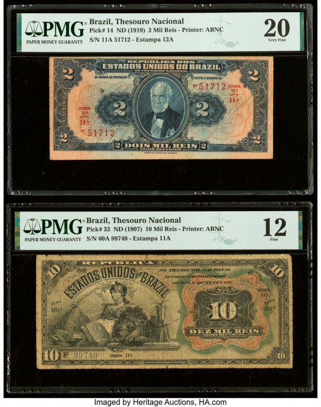 Brazil Thesouro Nacional 2; 10 Mil Reis ND (1919); ND (1907) Pick 14; 33 Two exa...