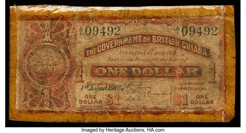 British Guiana Government of British Guiana 1 Dollar 1.8.1916 Pick 1 Good. Tape ...