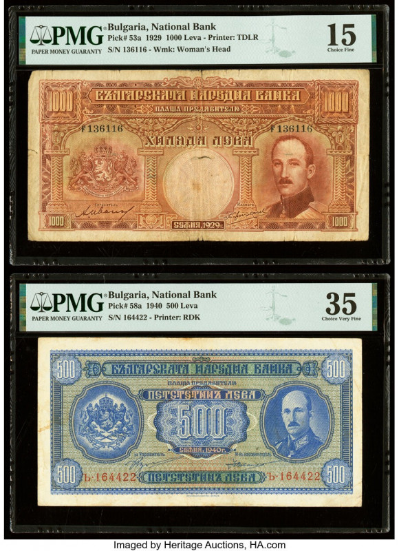 Bulgaria Bulgaria National Bank 1000; 500 Leva 1929; 1940 Pick 53a; 58a Two Exam...