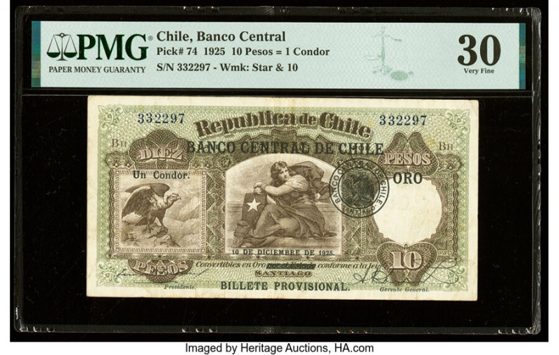 Chile Banco Central de Chile 10 Pesos = 1 Condor 10.12.1925 Pick 74 PMG Very Fin...