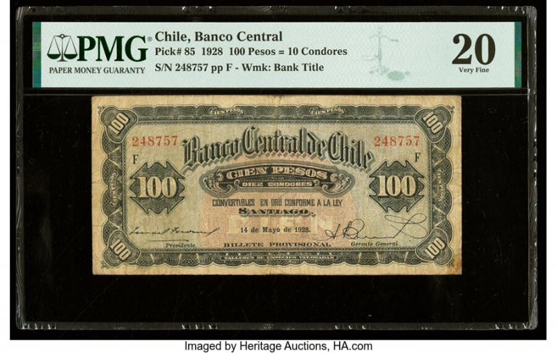 Chile Banco Central de Chile 100 Pesos = 10 Condores 14.5.1928 Pick 85 PMG Very ...
