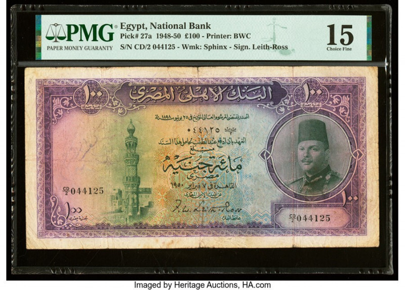 Egypt National Bank of Egypt 100 Pounds 1948-50 Pick 27a PMG Choice Fine 15. Ann...