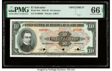 El Salvador Banco Central de Reserva de El Salvador 10 Colones 20.1.1948 Pick 85s Specimen PMG Gem Uncirculated 66 EPQ. Red Specimen overprints and th...