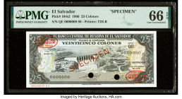 El Salvador Banco Central de Reserva de El Salvador 25 Colones 27.12.1966 Pick 104s2 Specimen PMG Gem Uncirculated 66 EPQ. Red Specimen & TDLR overpri...