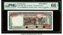 El Salvador Banco Central de Reserva de El Salvador 5 Colones 20.6.1967 Pick 109s Commemorative Specimen PMG Gem Uncirculated 66 EPQ. Red Specimen & T...