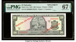 El Salvador Banco Central de Reserva de El Salvador 100 Colones 12.5.1970 Pick 114s Specimen PMG Superb Gem Unc 67 EPQ. Red overprints are present on ...