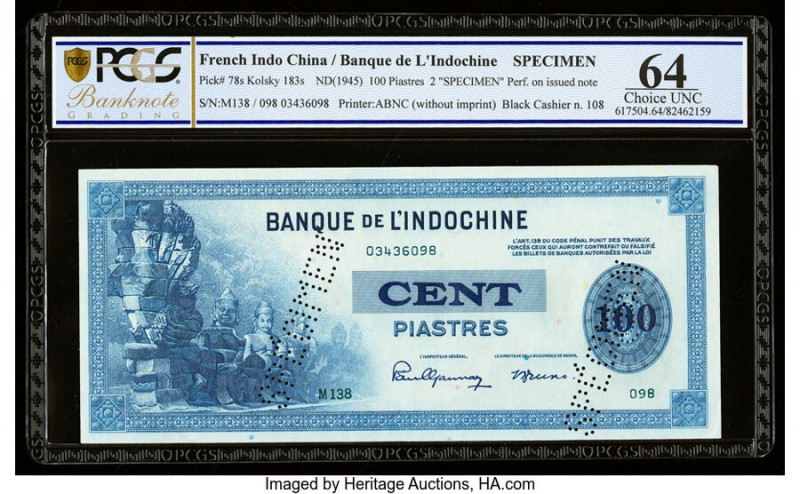 French Indochina Banque de l'Indo-Chine 100 Piastres ND (1945) Pick 78s Specimen...