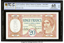 French Somaliland Banque de l'Indochine, Djibouti 20 Francs ND (1926-38) Pick 7as Specimen PCGS Banknote Gem Unc 65 OPQ. A roulette Specimen punch is ...